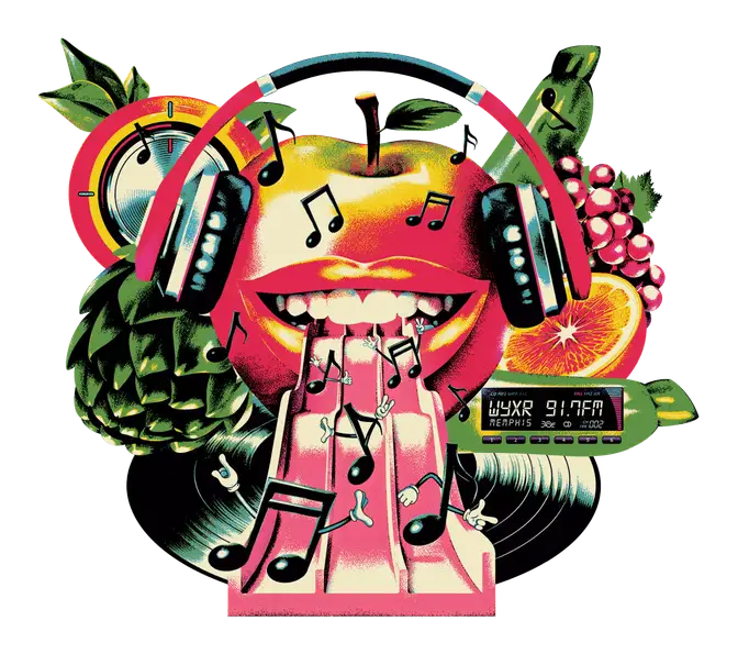 Collage-style illustration of an apple with a big smile wearing headphones surrounded by musical notes and other food items.